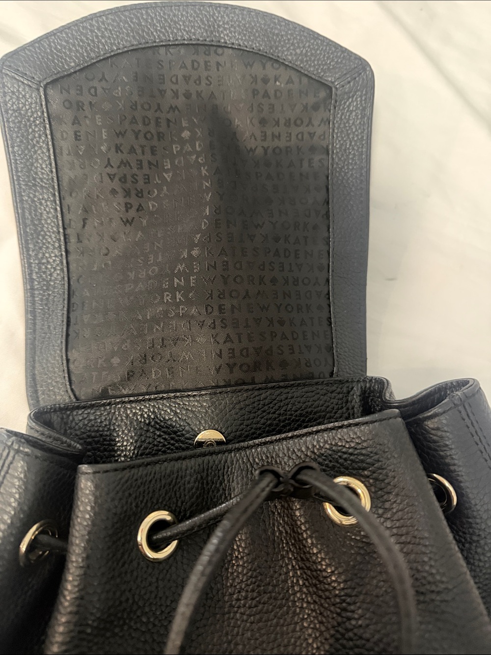 kate spade Black Pebbled Leather Flap Drawstring Backpack with Gold Hardware - Picture 6 of 8